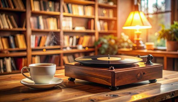 アンティークなレコードとコーヒー アンティークなレコードとコーヒーの写真