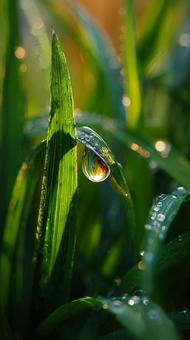草の葉に宿る透明な水滴のきらめき 草の葉に宿る透明な水滴のきらめきの写真
