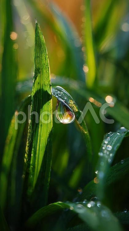 草の葉に宿る透明な水滴のきらめき 露,雫,水滴の写真素材