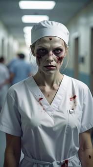ゾンビナース ハロウィン仮装 暗い病院 ゾンビナース ハロウィン仮装 暗い病院の写真