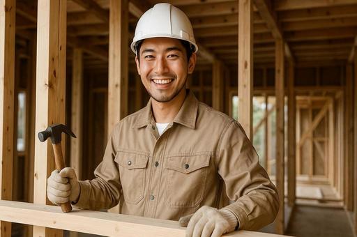 木造建築現場で笑顔の男性作業員・大工 木造建築現場で笑顔の男性作業員・大工の写真