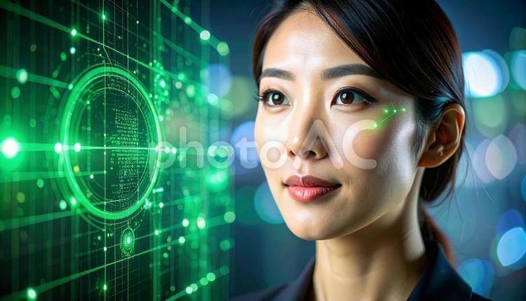 緑色のホログラムを見つめて情報収集 ホログラム,女性,緑色の写真素材