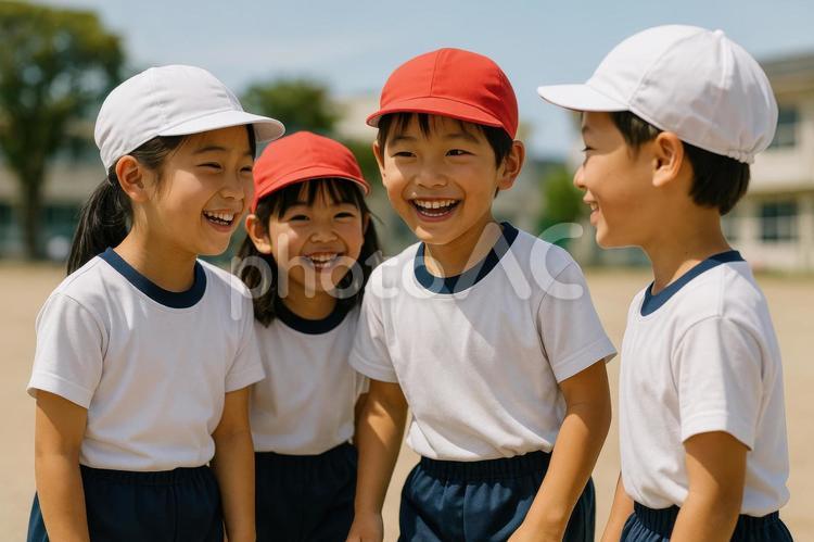 赤白帽をかぶった元気な小学生たち 赤白帽,小学生,元気の写真素材