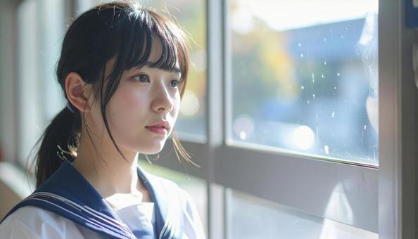 窓辺の女子学生 窓辺の女子学生の写真