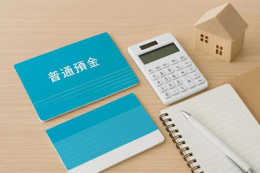Household management image with bankbook and calculator, passbook, ordinary prepayment, calculator, JPG