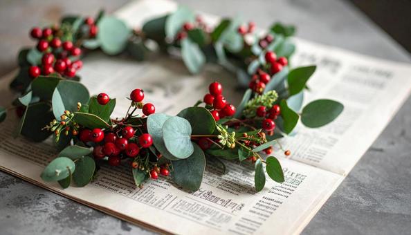 英字新聞の上のクリスマススワッグ 英字新聞の上のクリスマススワッグの写真