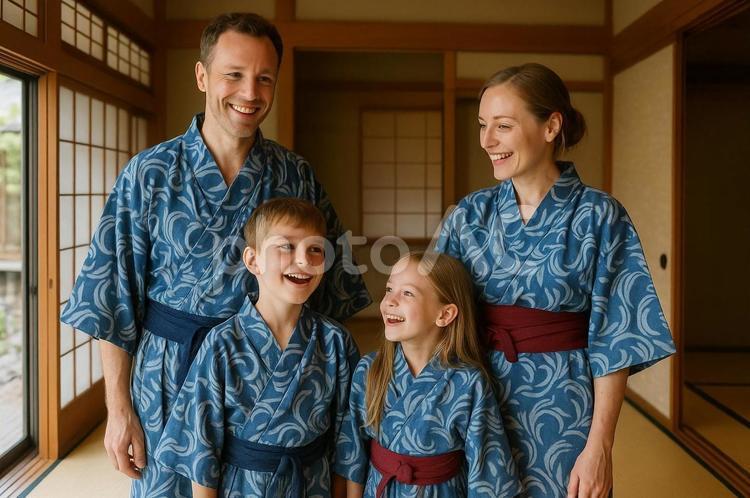 浴衣を楽しむ欧米人家族 観光,円安,物価の写真素材