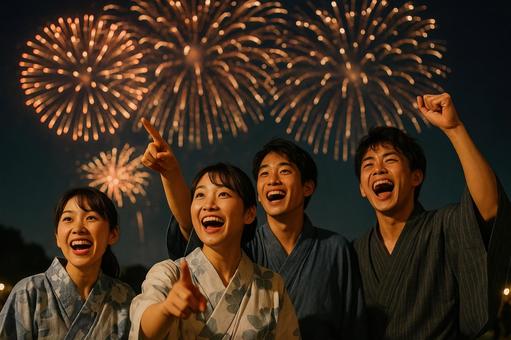 花火に歓声を上げる友人たち 花火に歓声を上げる友人たちの写真