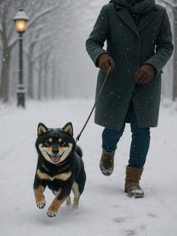 冬の道を散歩する柴犬 冬の道を散歩する柴犬の写真