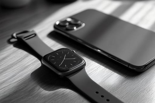 スマホとスマートウォッチ(モノクロ) スマホとスマートウォッチ(モノクロ)の写真