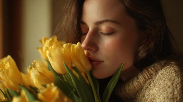 黄色いチューリップの香りを嗅ぐ女性 黄色いチューリップの香りを嗅ぐ女性の写真