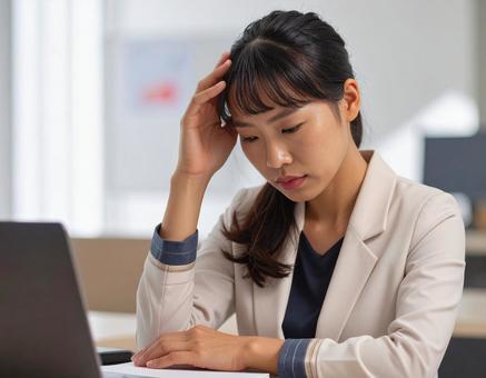 頭を抱えて頭痛に悩む女性の写真