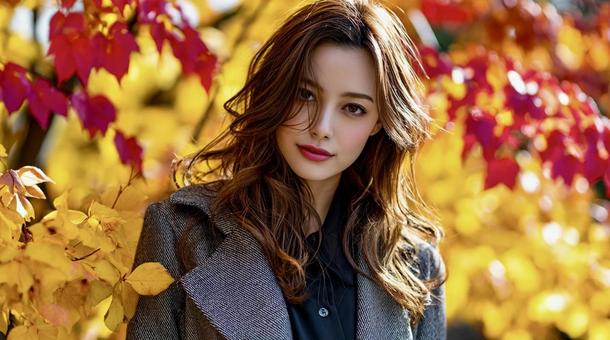 紅葉を背景に微笑む上品な若い女性の写真