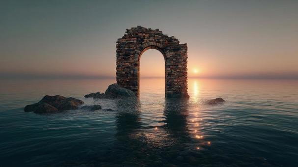 波間に佇む幻想的な遺跡の門 波間に佇む幻想的な遺跡の門の写真