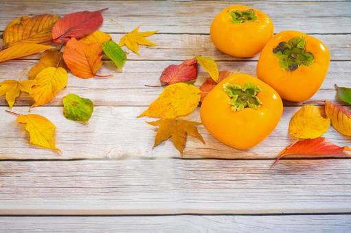 【秋の味覚】落ち葉と柿 柿,かき,秋の味覚の写真素材