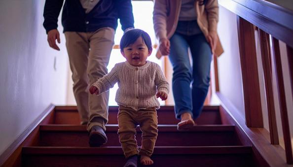 階段を下りるのが楽しい子供と見守る両親の写真