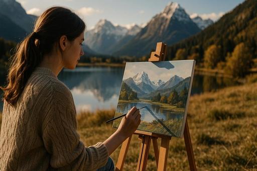 湖畔で描く秋の風景の写真