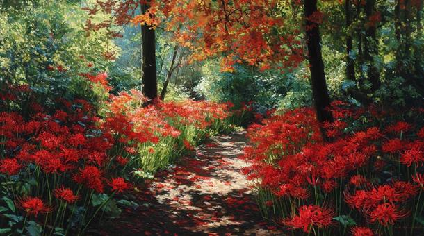 紅葉と彼岸花の小道 紅葉と彼岸花の小道の写真