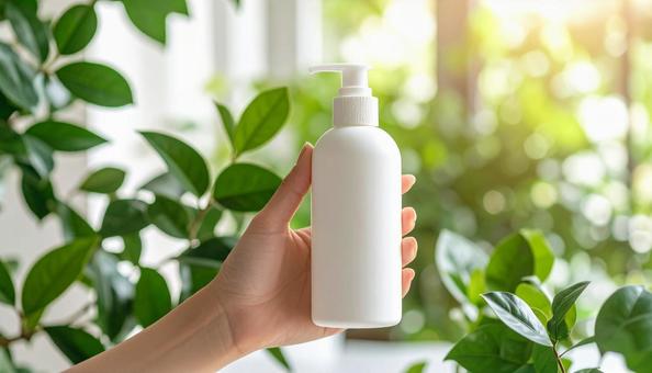 化粧品のボトルを持つ女性の手とグリーンの写真