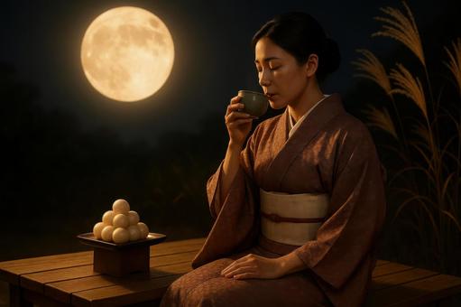 縁台に座ってお茶を飲む女性 縁台に座ってお茶を飲む女性の写真