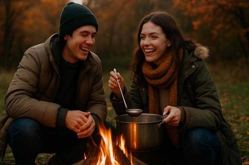 秋の森で囲む焚き火料理 秋の森で囲む焚き火料理の写真