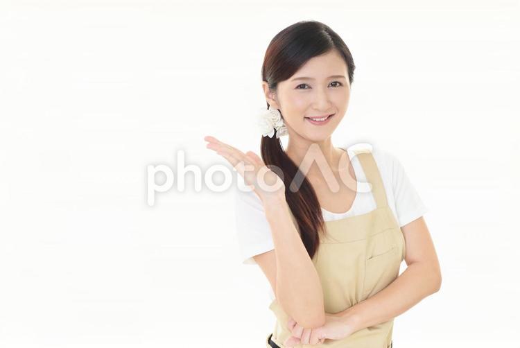 案内するエプロン姿の女性 女性,主婦,エプロンの写真素材
