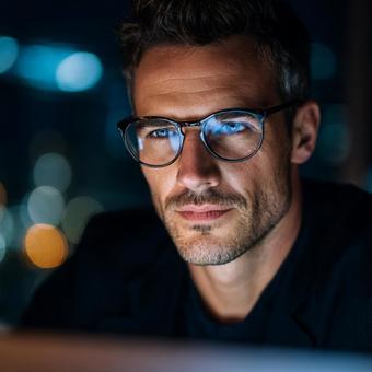 モニターを見つめる眼鏡の外国人男性 モニターを見つめる眼鏡の外国人男性の写真