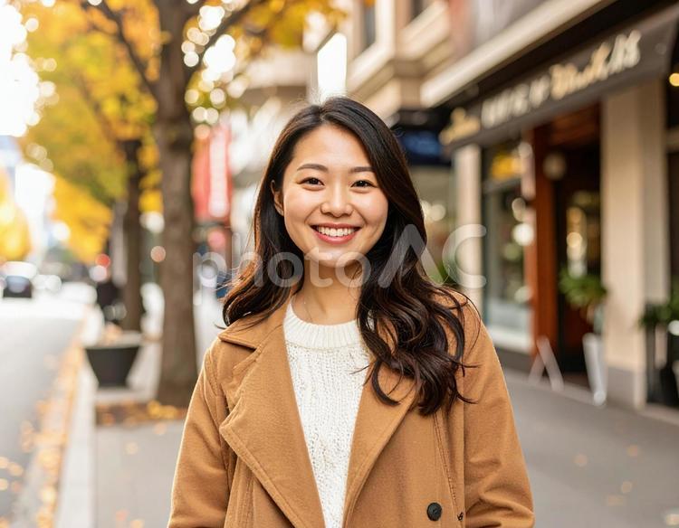 秋の街を歩く笑顔の女性 女性,笑顔,秋の写真素材