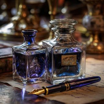 ビンテージ万年筆と美しいブルーインク瓶の写真