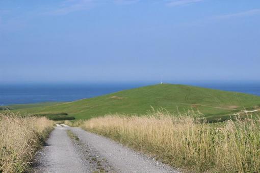 緑の丘と青い海の夏風景 緑の丘と青い海の夏風景の写真