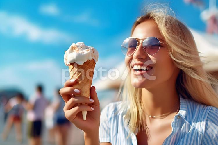 アイスを食べる外国人女性５ アイスクリーム,食べ物,女性の写真素材