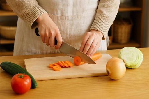 キッチンで人参を切る手元アップ・家庭料理 キッチンで人参を切る手元アップ・家庭料理の写真