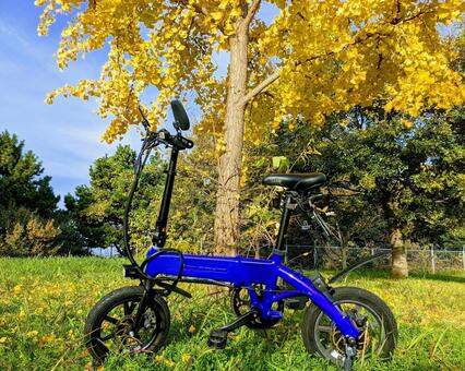 黄色に色づいた木の下で撮った電動バイク 小型電動自転車,紅葉,色づくの写真素材