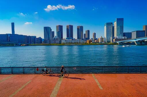 豊洲の川沿いサイクリング 高層ビル,水辺,川の写真素材