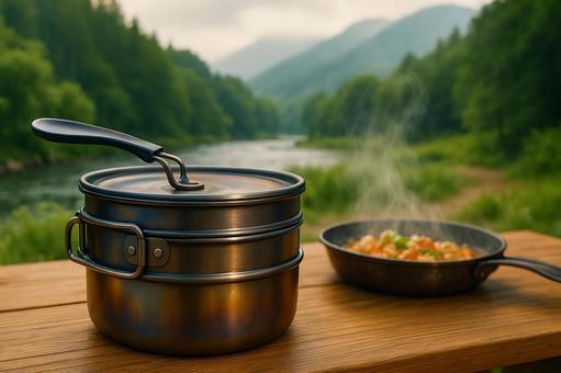 川辺で輝くキャンプクッカーと湯気立つ料理 川辺で輝くキャンプクッカーと湯気立つ料理の写真