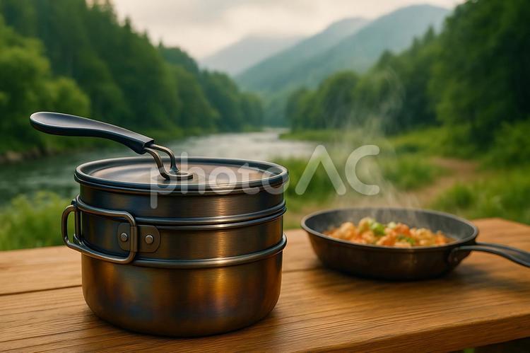 川辺で輝くキャンプクッカーと湯気立つ料理 キャンプ,クッカー,アウトドアの写真素材