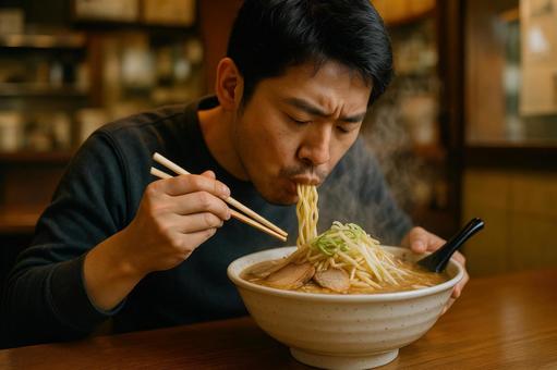大盛りのラーメンをすする男性 大盛りのラーメンをすする男性の写真