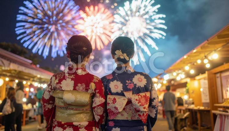 打ち上げ花火と浴衣姿の女性 花火,打ち上げ花火,浴衣の写真素材