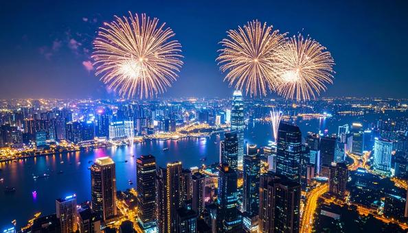 都市で打ち上げられる大倫の花火 都市で打ち上げられる大倫の花火の写真