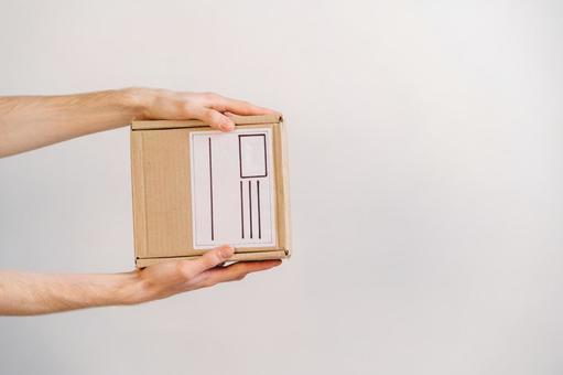 宛名付きの小さい段ボール箱を差し出す両手 配達,デリバリー,郵便の写真素材