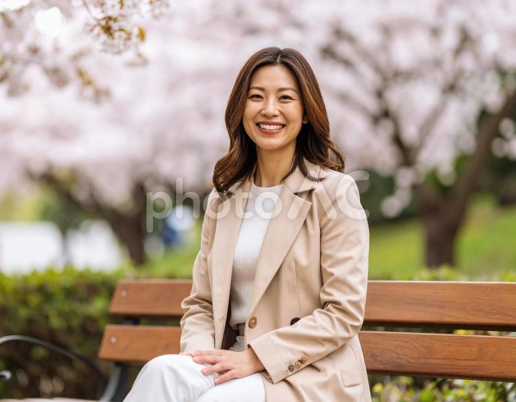 桜の木の下で微笑む女性 女性,笑顔,桜の写真素材