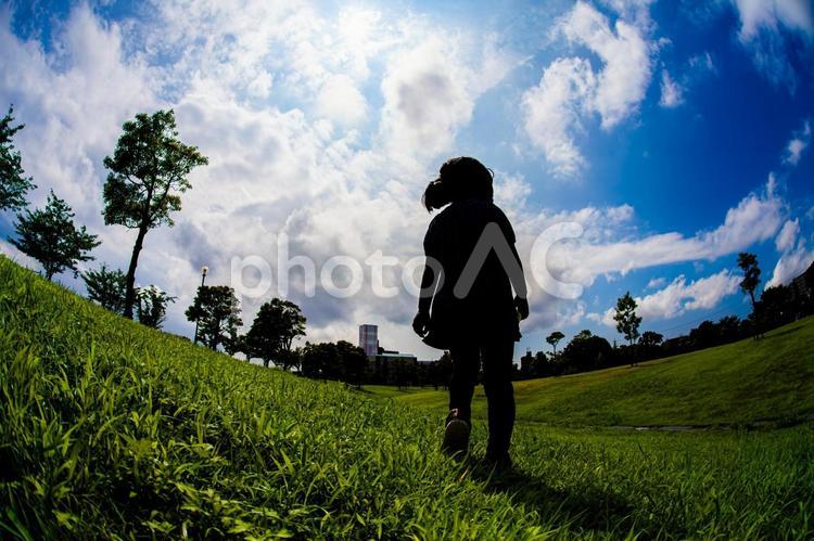 青空の下で散歩する子供 シルエット,夏空,秋晴れの写真素材