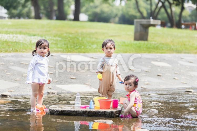 水遊びをする子供たち　 公園,男性,女性の写真素材