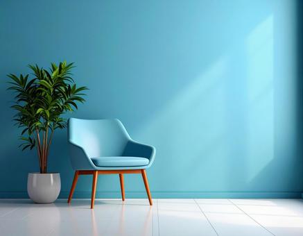 青い椅子と観葉植物の写真
