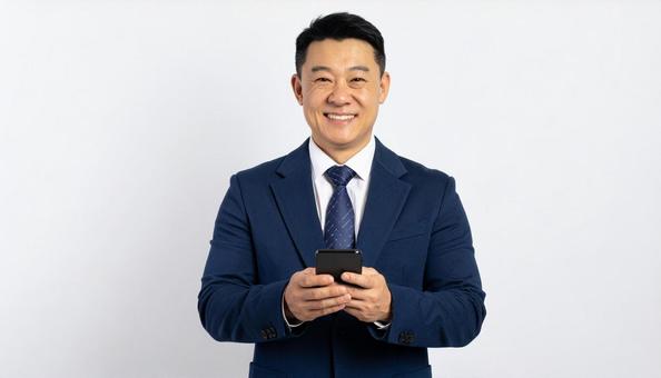スマホを持つビジネスマン(白背景) スマホを持つビジネスマン(白背景)の写真