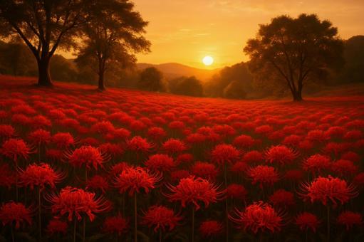 夕日に染まる彼岸花の群生地 夕日に染まる彼岸花の群生地の写真