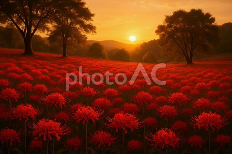 夕日に染まる彼岸花の群生地 夕日,彼岸花,群生の写真素材