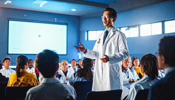 男性医師が壇上で発表、説明をする勉強会の写真