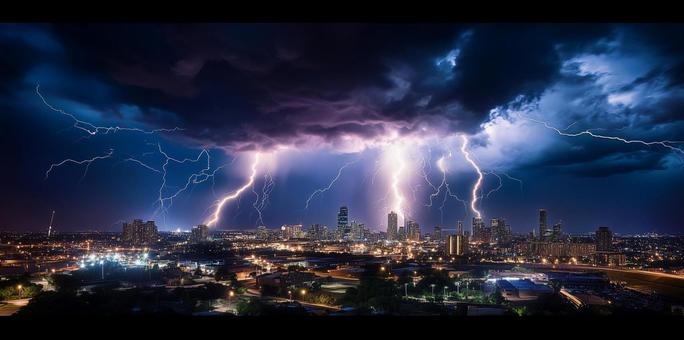 夏の夜の雷と夜景の写真