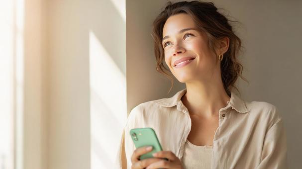 スマートフォンを持つ笑顔の女性 スマートフォンを持つ笑顔の女性の写真